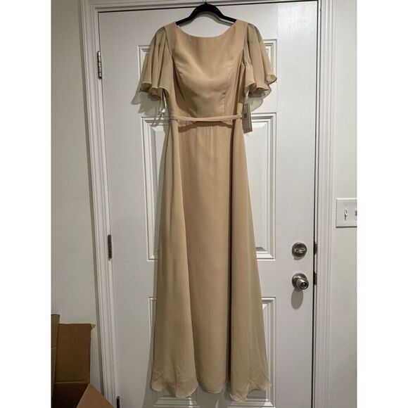 Babaroni Yvette Full Length Chiffon Dress Champagne Size 6 NWT Flutter Women’s - Picture 6 of 12